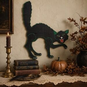 Vintage Black Halloween Cat Wall Hanging Folk Art Wood Decor 13"